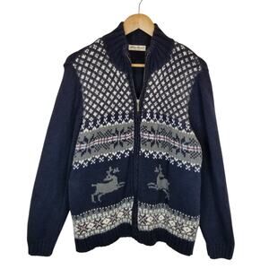 Eddie Bauer Women's Fair Isle Reindeer Zip Front Cardigan Navy Blue Size XL
